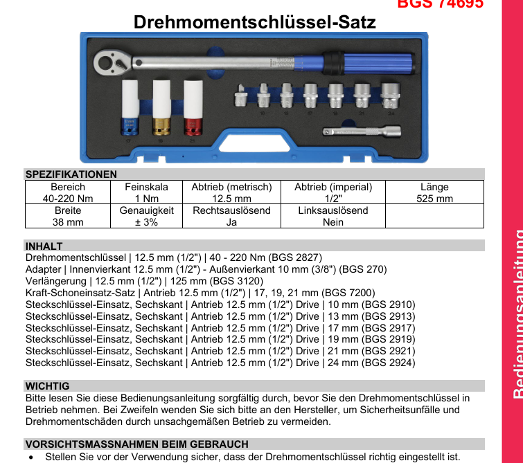 Drehmomentschlüssel-Satz | Abtrieb Außenvierkant 12,5 mm (1/2") | 40 - 220 Nm | 12-tlg. – Bild 7